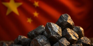 Minerales metálicos frente a la bandera de China simbolizan las restricciones sobre tierras raras.