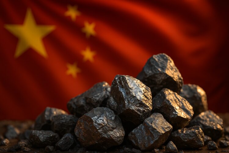 Minerales metálicos frente a la bandera de China simbolizan las restricciones sobre tierras raras.
