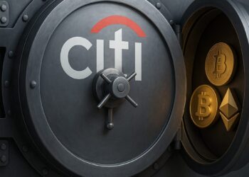 Bóveda metálica con logo de Citi y monedas cripto que simbolizan custodia digital.