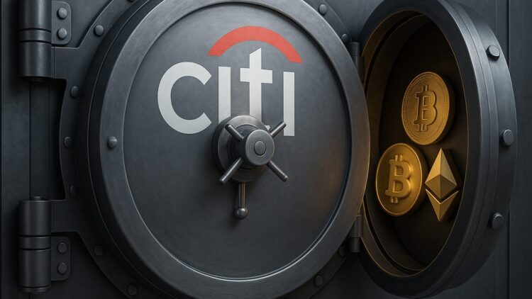 Bóveda metálica con logo de Citi y monedas cripto que simbolizan custodia digital.