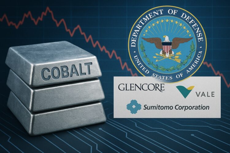 Lingotes de cobalto junto a logotipos del Pentágono, Glencore, Vale y Sumitomo sobre fondo con gráficas en caída