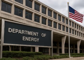 Fachada del Departamento de Energía en Washington con letrero visible y bandera estadounidense ondeando