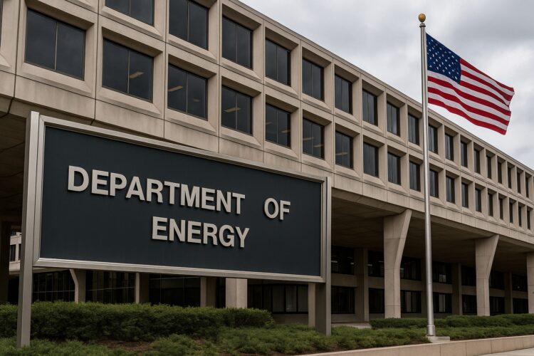 Fachada del Departamento de Energía en Washington con letrero visible y bandera estadounidense ondeando