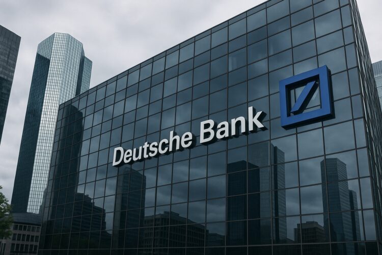 Edificio de vidrio con el logo de Deutsche Bank visible en entorno urbano financiero