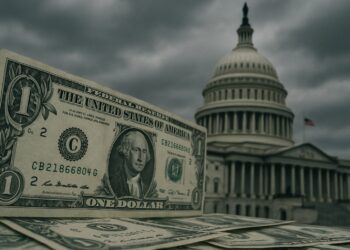 Billetes de dólar en primer plano y Capitolio al fondo, simbolizando incertidumbre en el mercado.