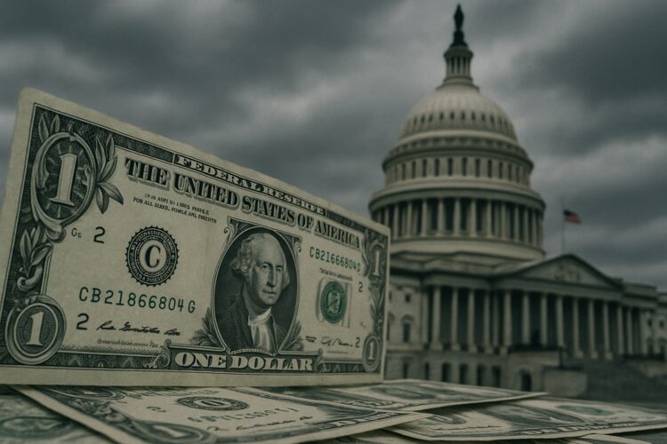 Billetes de dólar en primer plano y Capitolio al fondo, simbolizando incertidumbre en el mercado.