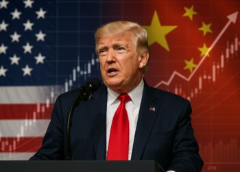 Donald Trump en conferencia de prensa con gráficos de comercio y banderas de Estados Unidos y China al fondo.