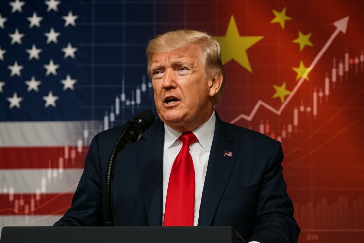 Donald Trump en conferencia de prensa con gráficos de comercio y banderas de Estados Unidos y China al fondo.