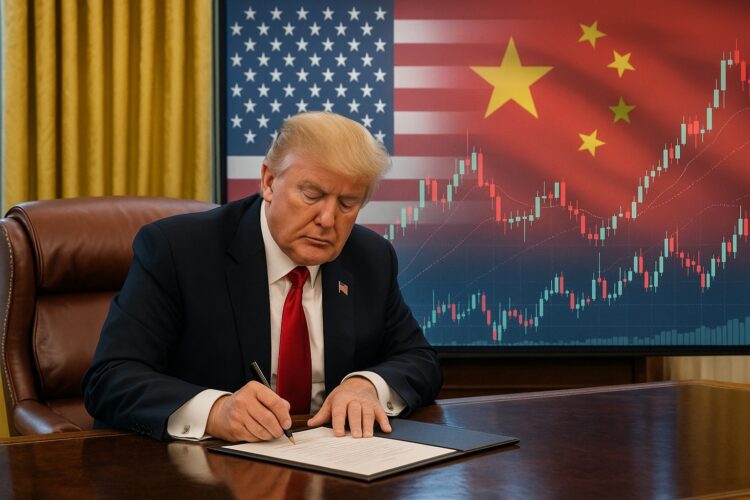 Donald Trump en el Despacho Oval firmando documentos con gráficos de comercio entre Estados Unidos y China proyectados detrás.