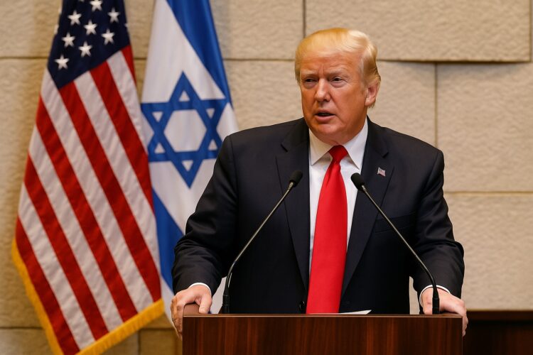 Donald Trump en el Parlamento israelí hablando frente a micrófonos con las banderas de Estados Unidos e Israel al fondo.