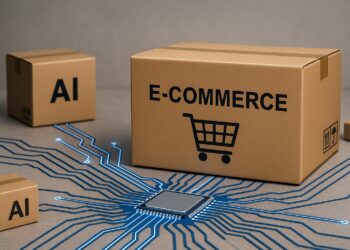 JPmorgan recomiendan Cajas de cartón con etiquetas de e-commerce y AI conectadas a un chip por circuitos azules