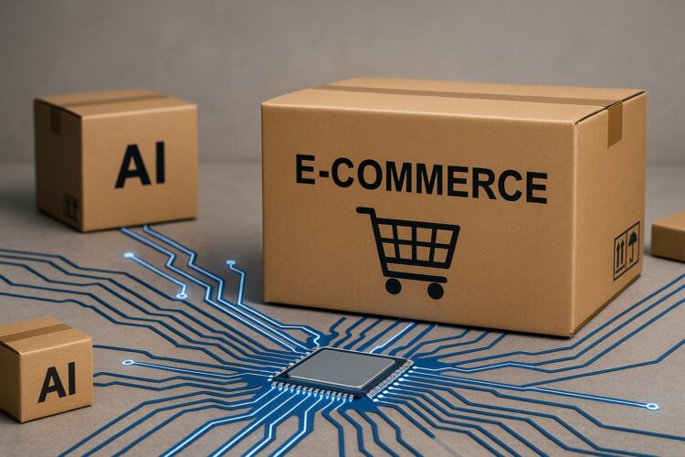 JPmorgan recomiendan Cajas de cartón con etiquetas de e-commerce y AI conectadas a un chip por circuitos azules