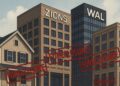 Ilustración de edificios urbanos con logos de Zions y WAL y sellos rojos de embargo