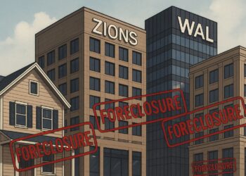 Ilustración de edificios urbanos con logos de Zions y WAL y sellos rojos de embargo