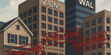 Ilustración de edificios urbanos con logos de Zions y WAL y sellos rojos de embargo