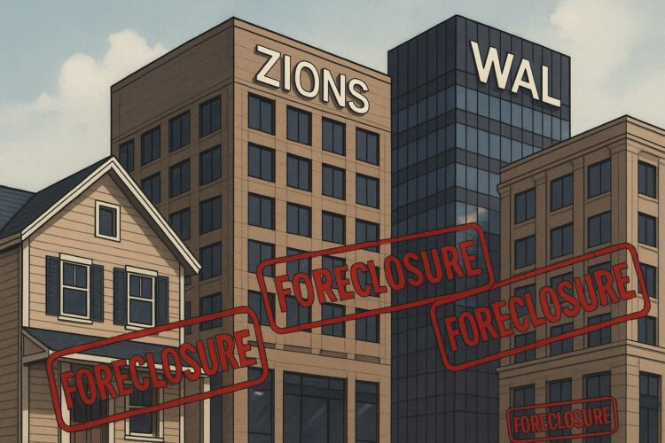 Ilustración de edificios urbanos con logos de Zions y WAL y sellos rojos de embargo