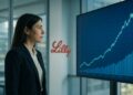 Mujer de negocios observa pantalla con gráfico ascendente en oficina moderna con logo de Lilly.