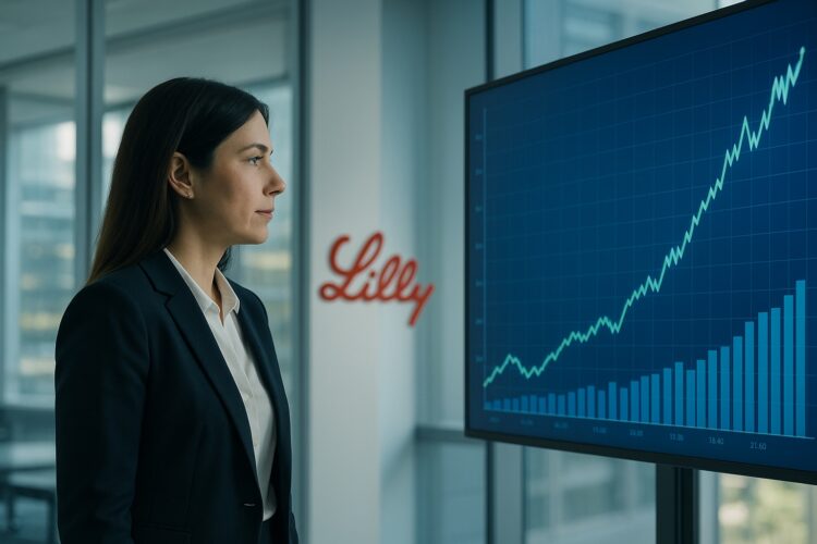 Mujer de negocios observa pantalla con gráfico ascendente en oficina moderna con logo de Lilly.
