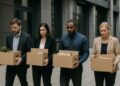 Cuatro empleados con expresión triste cargan cajas de cartón al salir de un edificio de oficinas moderno