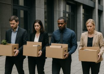 Cuatro empleados con expresión triste cargan cajas de cartón al salir de un edificio de oficinas moderno