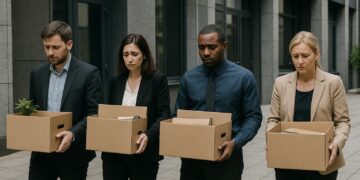 Cuatro empleados con expresión triste cargan cajas de cartón al salir de un edificio de oficinas moderno