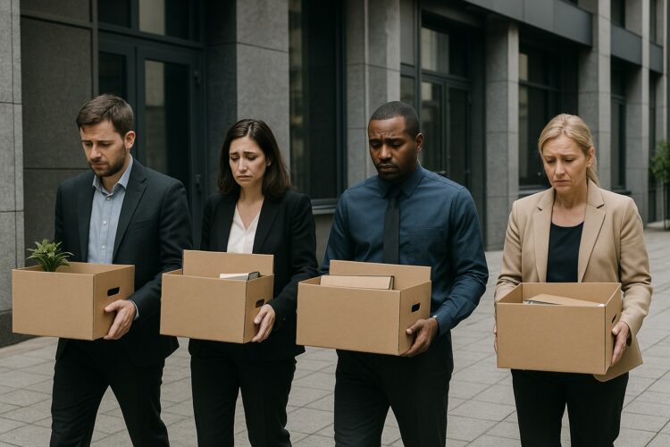 Cuatro empleados con expresión triste cargan cajas de cartón al salir de un edificio de oficinas moderno