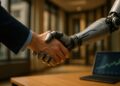 Apretón de manos entre humano y robot simbolizando alianza empresarial impulsada por IA.