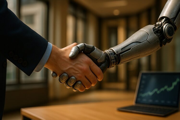 Apretón de manos entre humano y robot simbolizando alianza empresarial impulsada por IA.