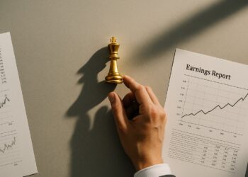 Mano mueve ficha dorada sobre informes que reflejan empresas que suben tras buenos resultados.