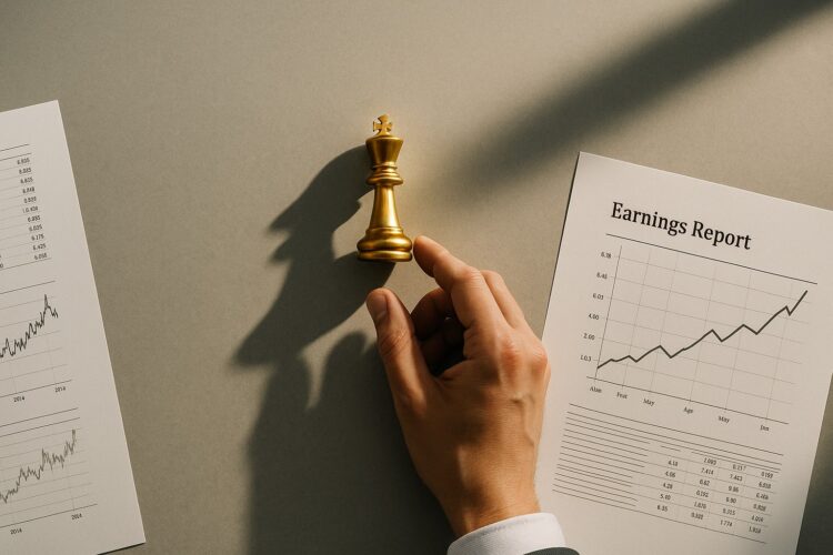Mano mueve ficha dorada sobre informes que reflejan empresas que suben tras buenos resultados.