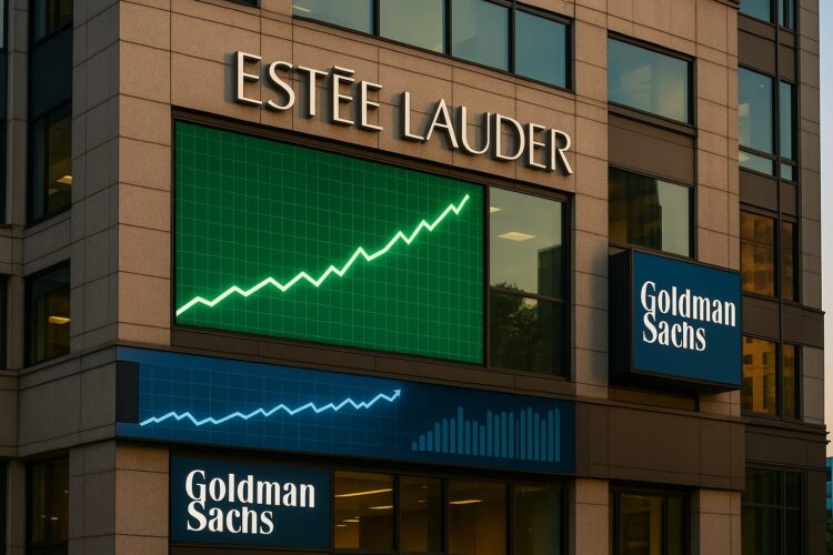 Fachada de la sede de Estée Lauder al atardecer con pantallas que muestran gráficos de crecimiento y el logotipo de Goldman Sachs.