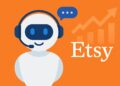 Representación de un chatbot con el logo de Etsy y un gráfico ascendente de mercado