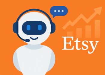 Representación de un chatbot con el logo de Etsy y un gráfico ascendente de mercado