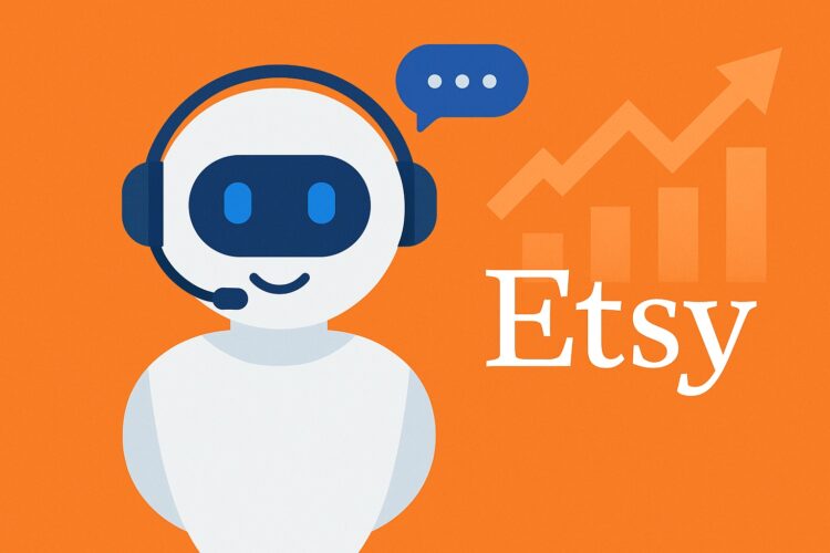 Representación de un chatbot con el logo de Etsy y un gráfico ascendente de mercado