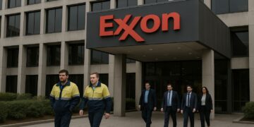 Fachada de la sede de Exxon con logo visible y trabajadores en uniforme y traje saliendo del edificio