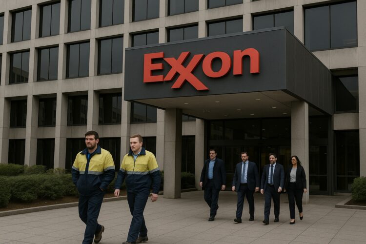 Fachada de la sede de Exxon con logo visible y trabajadores en uniforme y traje saliendo del edificio