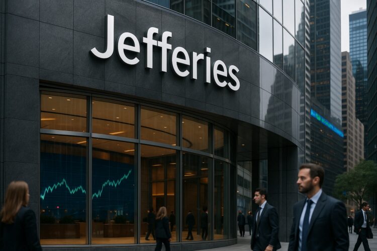 Edificio de Jefferies con logo visible en entorno urbano y ejecutivos caminando