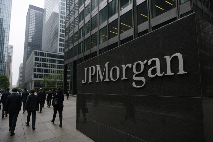 Edificio de JPMorgan en un distrito financiero con logo visible y peatones caminando entre rascacielos