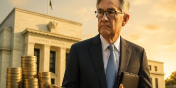 Jerome Powell frente a la sede de la Fed tras anunciar un recorte de tasas de interés esperado.