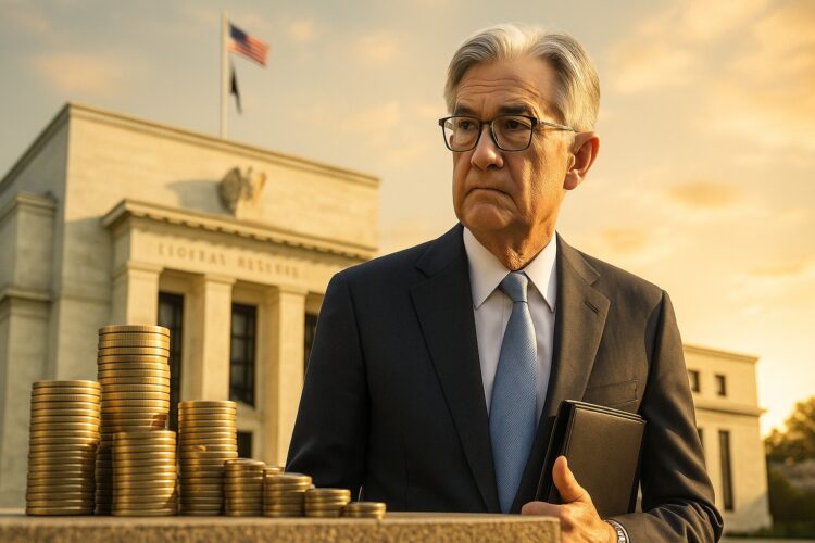 Jerome Powell frente a la sede de la Fed tras anunciar un recorte de tasas de interés esperado.