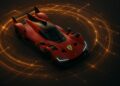 Vista aérea del Ferrari 499P rodeado por líneas digitales que simbolizan su tokenización.