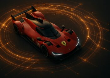 Vista aérea del Ferrari 499P rodeado por líneas digitales que simbolizan su tokenización.