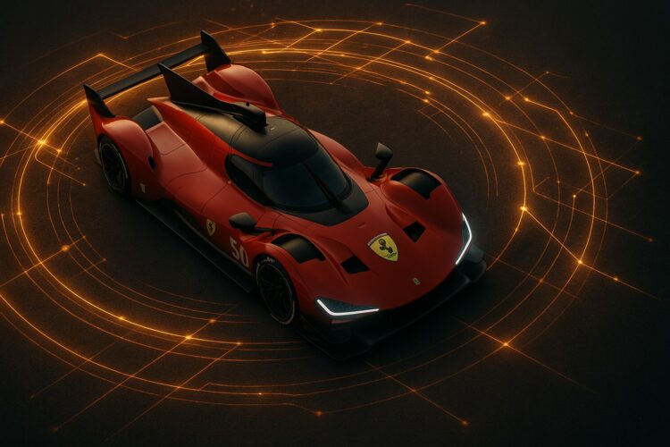 Vista aérea del Ferrari 499P rodeado por líneas digitales que simbolizan su tokenización.
