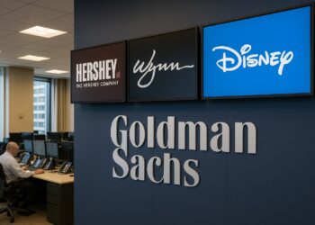 Interior de las oficinas de Goldman Sachs con pantallas digitales que muestran los logotipos de Hershey, Wynn y Disney.