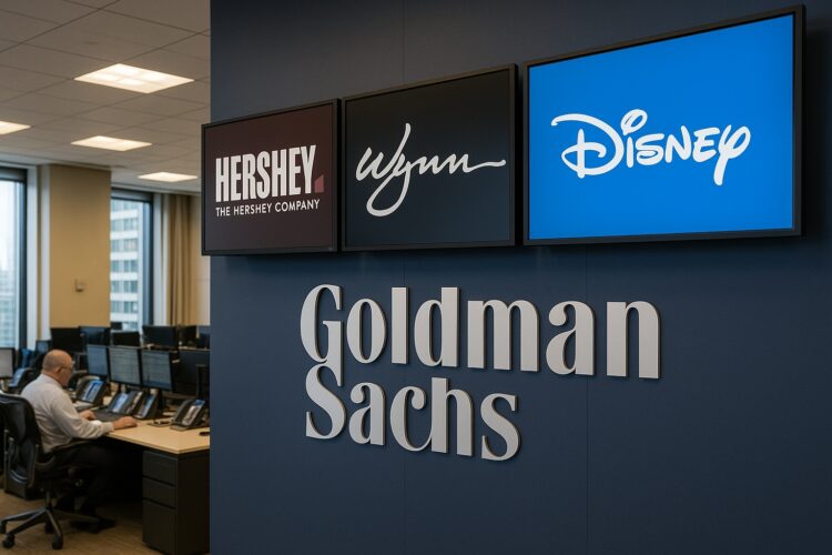Interior de las oficinas de Goldman Sachs con pantallas digitales que muestran los logotipos de Hershey, Wynn y Disney.