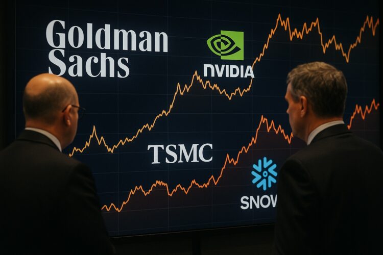 Ejecutivos de Goldman Sachs observan pantalla con gráficas financieras y logos de Nvidia, TSMC y Snowflake en sala de juntas profesional