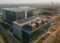 Vista aérea de un centro de datos futurista de Google en construcción en India con torres de refrigeración y paneles solares.