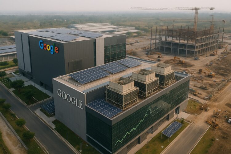 Vista aérea de un centro de datos futurista de Google en construcción en India con torres de refrigeración y paneles solares.