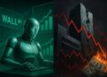 Androide en Wall Street con gráficos verdes frente a torre financiera agrietada y billetes ardiendo