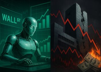 Androide en Wall Street con gráficos verdes frente a torre financiera agrietada y billetes ardiendo